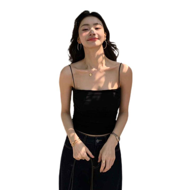 推荐商品：pusumede 短款带胸垫褶皱弹力吊带 女装 PST24930-A 黑