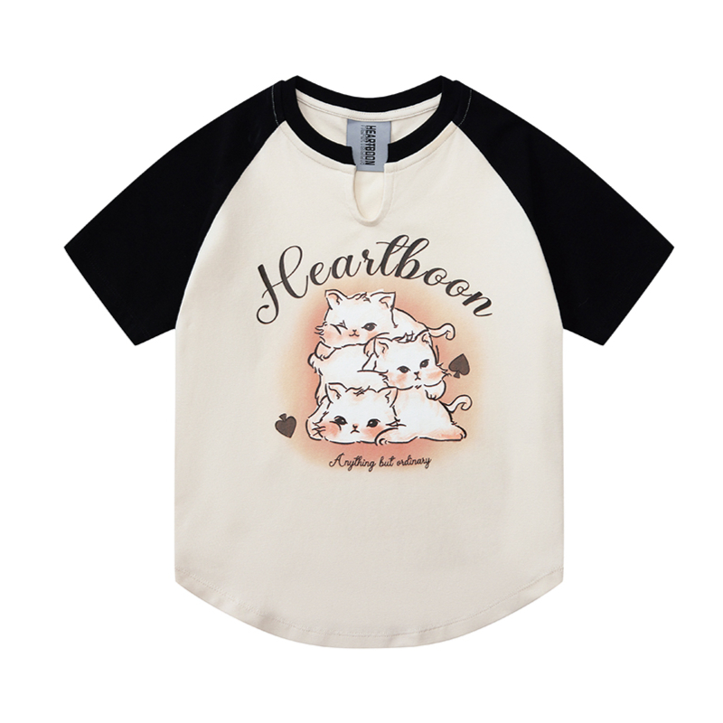 HEARTBOON 美式甜酷猫咪插肩袖短款修身短袖T恤 男女同款 HB5T084 黑