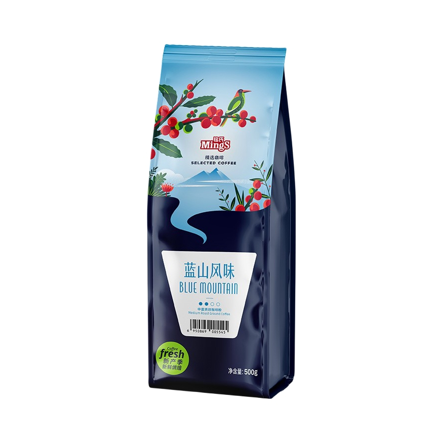 推荐商品：Ming's/铭氏 研磨咖啡粉 500g 袋装 美式巴西风味早餐 蓝山风味/中度烘焙