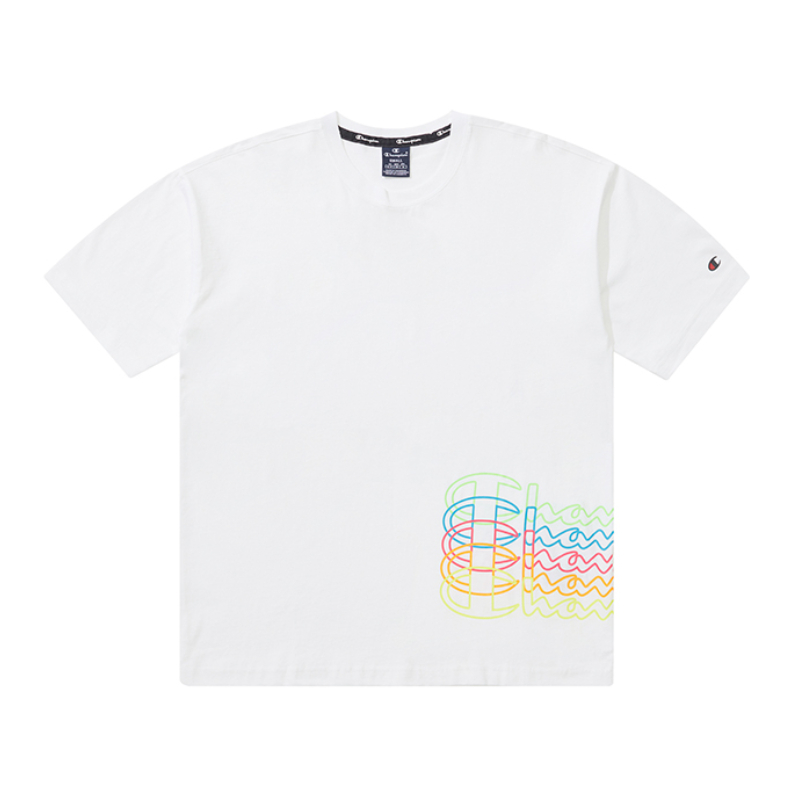 Champion 2024SS 情侣纯棉美式叠影Logo彩虹印花圆领短袖T恤 男女同款 EM-TTS12