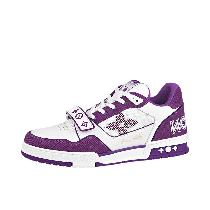 推荐商品：Louis Vuitton trainer 百搭复古 轻便平跟 花朵图案 牛仔布 板鞋 白色/深紫色