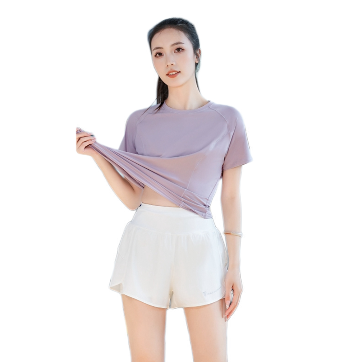 推荐商品：百思绒  速干弹力纯色短袖运动套装 女装 32403117 藕紫白三件套
