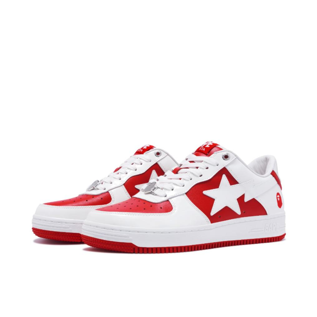 推荐商品：Bape Sta 板鞋 拼接舒适皮革防滑耐磨系带圆头时尚简约复古百搭牛皮压纹平跟徽标星星图案 漆皮/红色/白色
