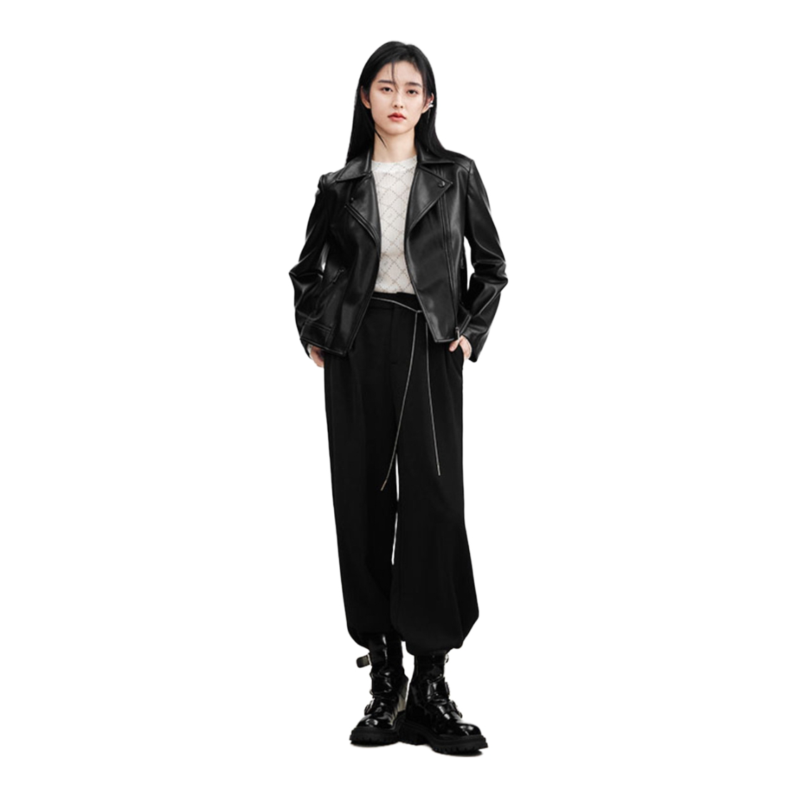 推荐商品：CHIU·SHUI/秋水伊人 小个子复古机车短款翻领皮衣 女装 623112C261032 黑