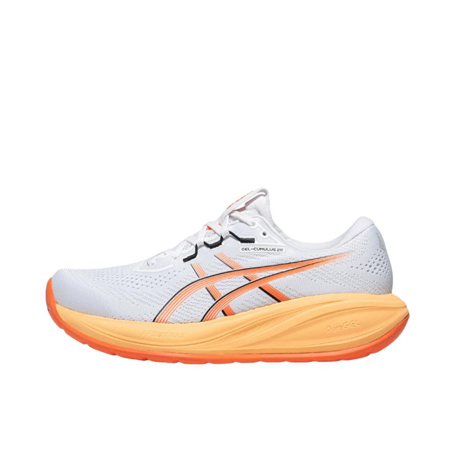 推荐商品：Asics/亚瑟士 GEL-CUMULUS 28 跑鞋 舒适缓震透气耐磨轻便训练马拉松回弹抓地耐穿贴合减震支撑 白色/橙色
