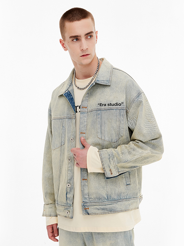 推荐商品：【李明峻同款】ER/ERASER  美式复古黄泥染水洗做旧翻领工装条纹牛仔夹克 男女同款 ERJK2315837 蓝