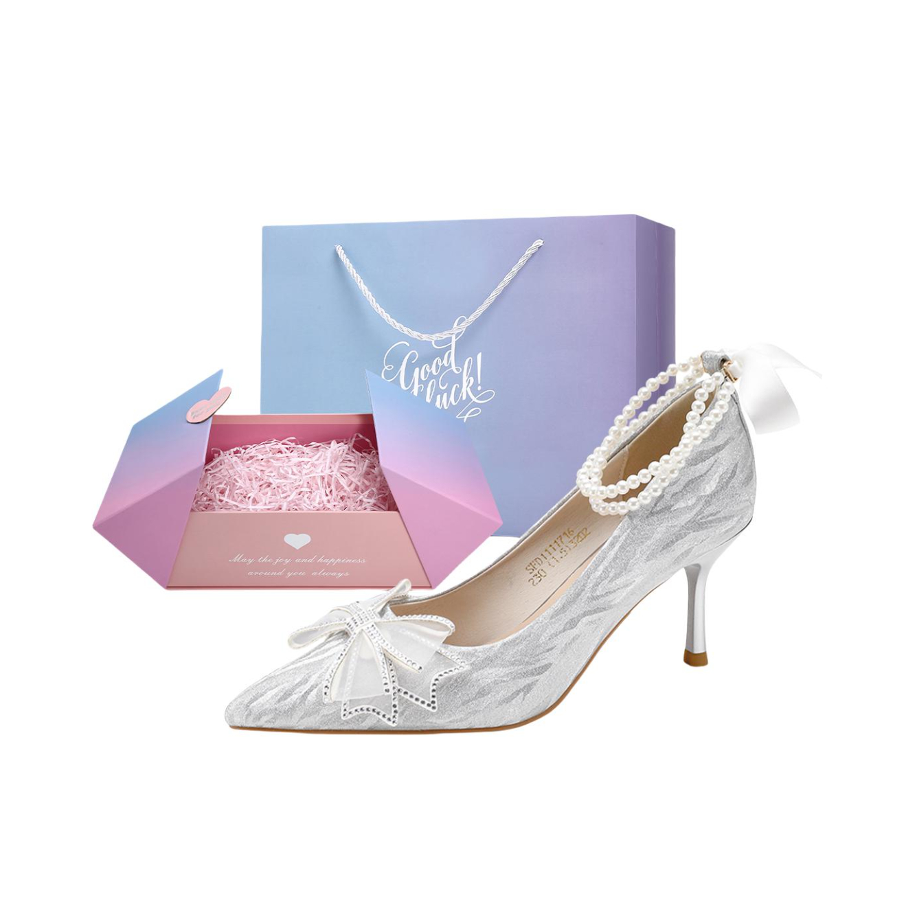 推荐商品：Safiya/索菲娅 法式 尖头 蝴蝶结 气质 高跟鞋 SFD1111716 限定礼盒/跟高6cm/银色