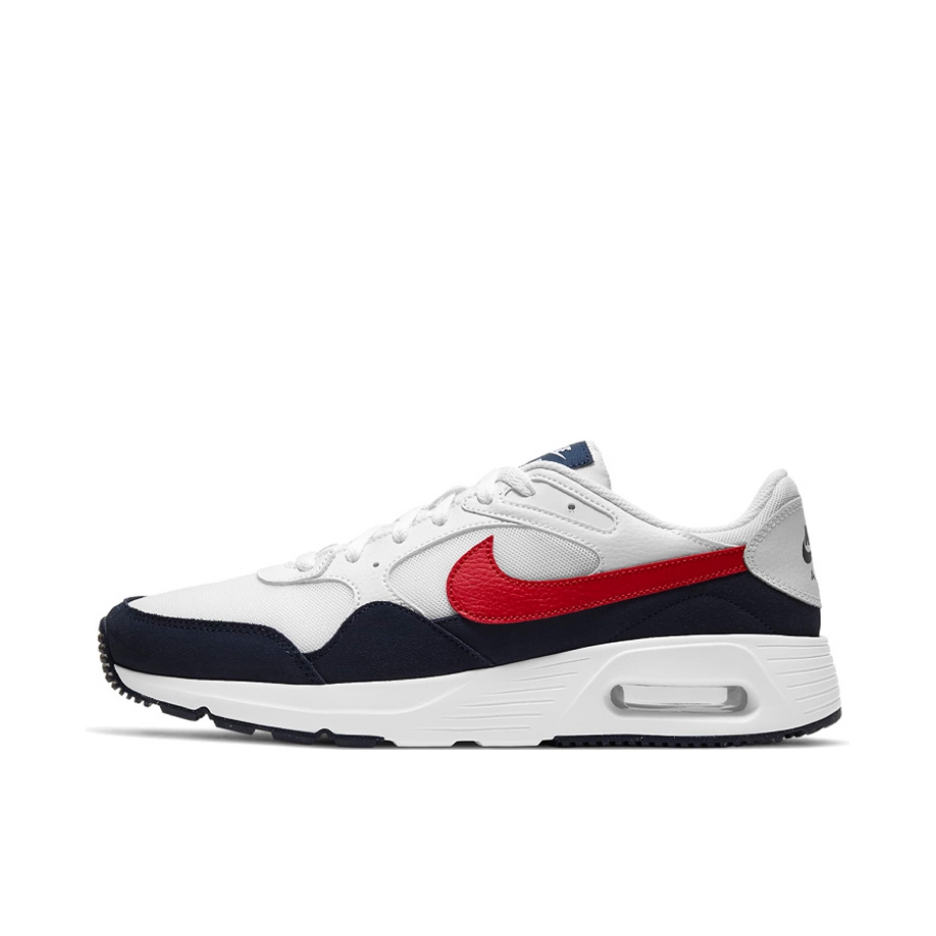 推荐商品：Nike Air Max SC 防滑耐磨 舒适缓震 网布透气 织物 气垫 减震 复古 合成革 耐穿 运动休闲鞋 男款/白色/黑色/红色