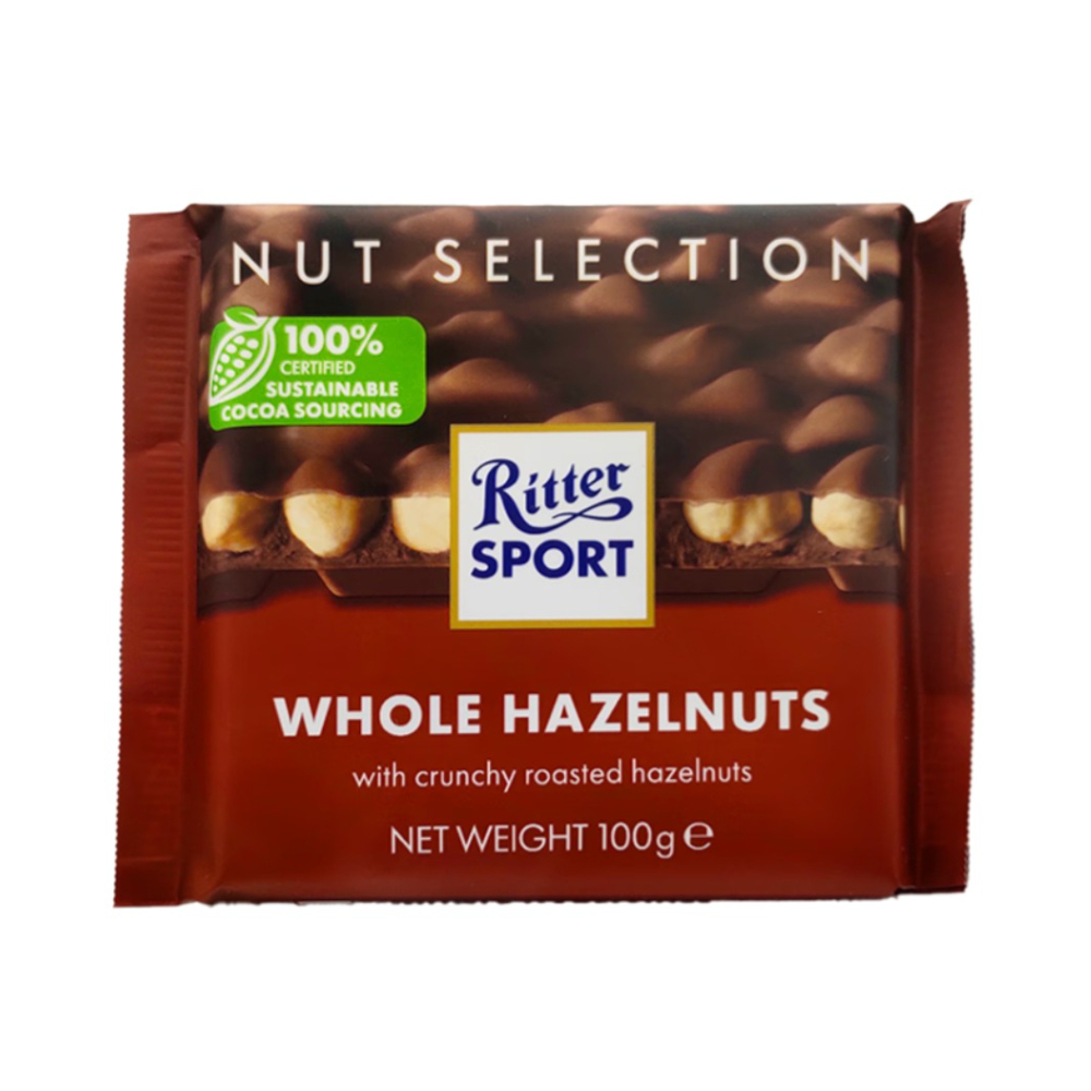 推荐商品：RitterSport /瑞特滋 全榛子黑巧克力 100g 排块装 夹心进口纯可可脂 浓醇结婚黑排块全榛子巧克力