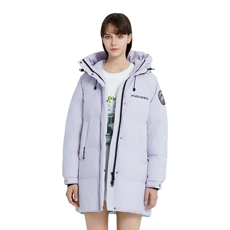 推荐商品：杰奥  中长款纯色印花加厚连帽羽绒服 女装 7982310 仙羽紫
