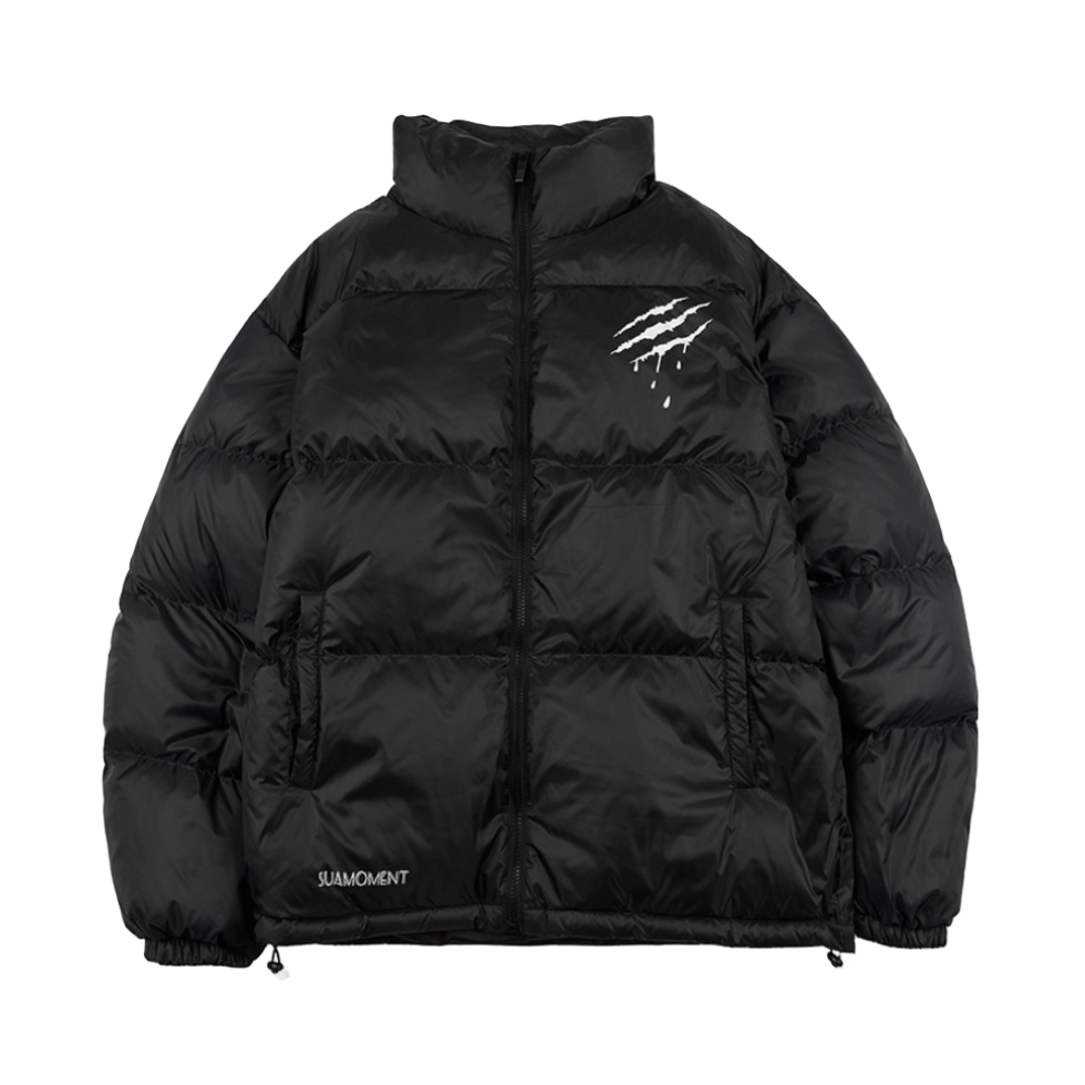 推荐商品：【王鹤棣同款】SuaMoment 一代血爪抓痕立领字母加绒加厚短款白鸭绒羽绒服 021D045 黑