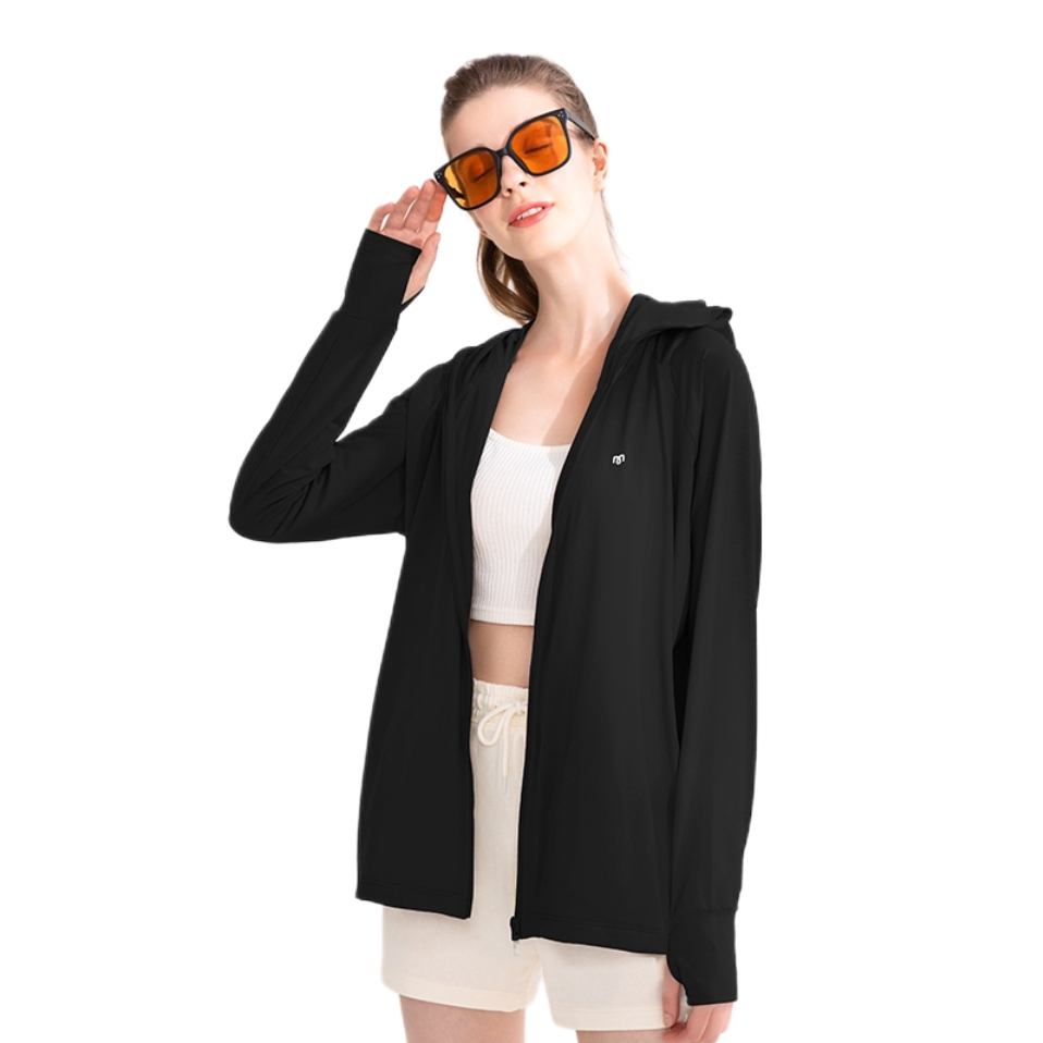 推荐商品：【徐璐同款】茉寻 冰钛科技原纱斗篷款锦纶冰丝氨纶冰感拉链开衫连帽插肩款upf50+防紫外线落肩款防晒衣 女装 030111 时尚黑
