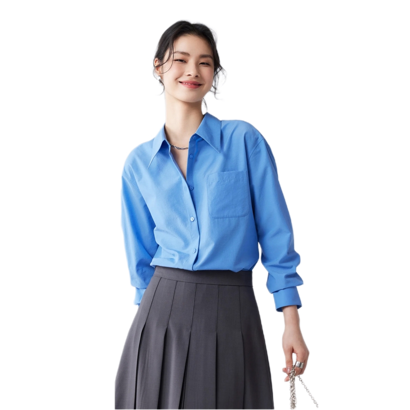 推荐商品：CHUMIAN/初棉  纯色亲肤微皱感叠穿翻领微宽松长袖衬衫 女装 260401635CM243 银河钴蓝