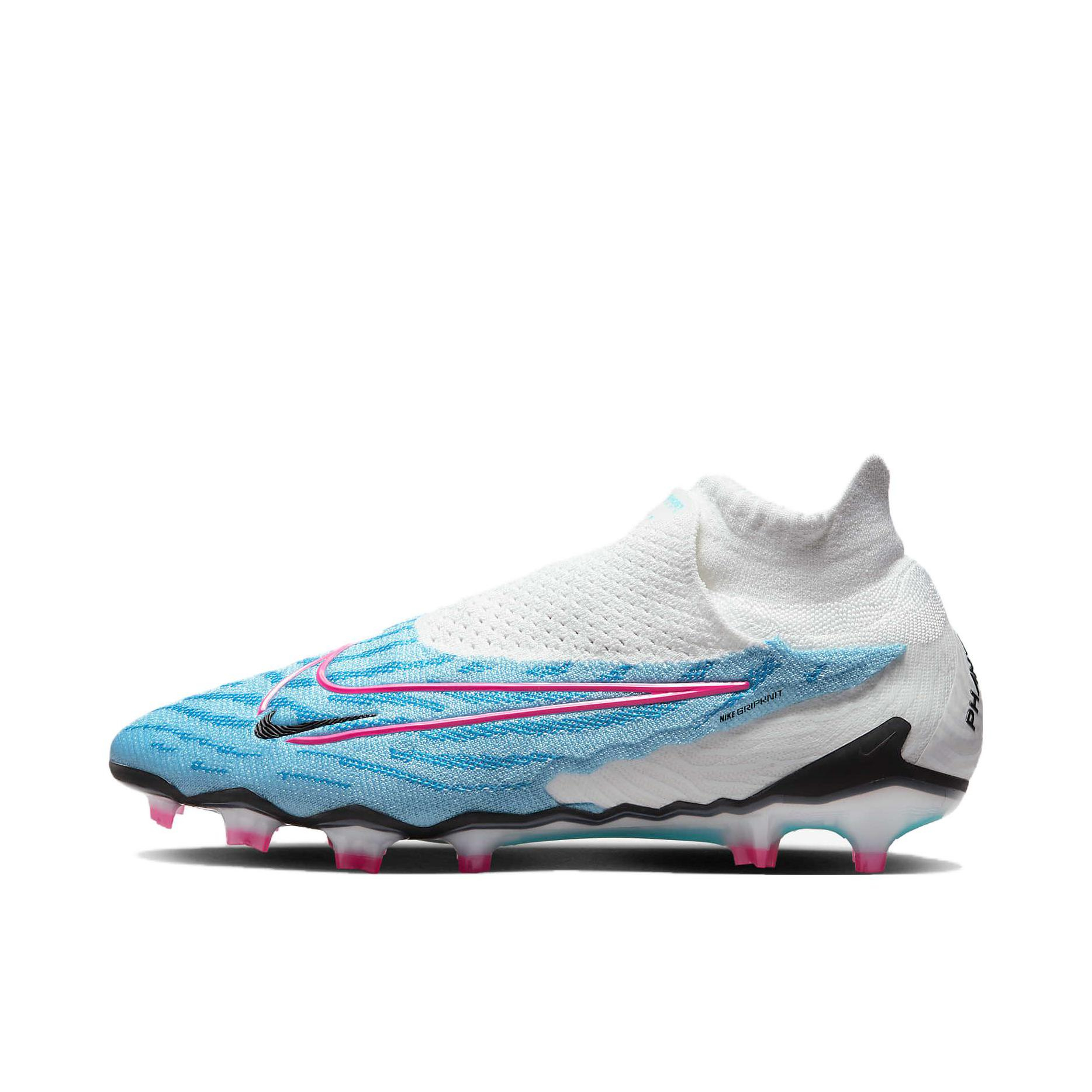 推荐商品：Nike Phantom GX Elite DF FG SE 顶级 胶质长钉 天然草地 防滑耐磨织物 足球鞋 FG/白色/浅蓝色
