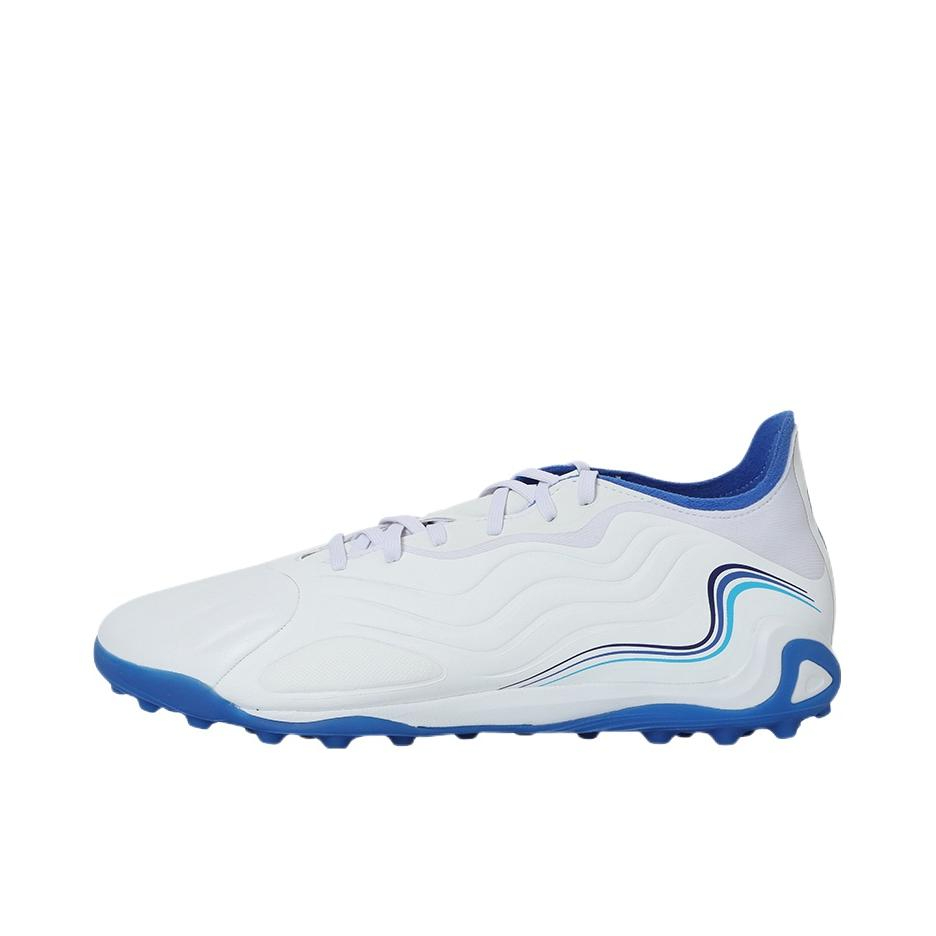 推荐商品：adidas Copa Sense.1 TF 顶级 胶质碎钉 人造草地 训练 防滑 足球鞋 白色/蓝色/紫色