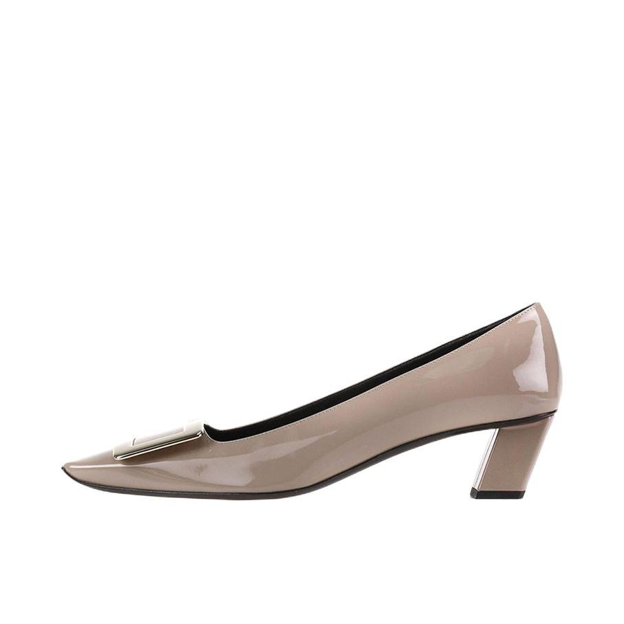 推荐商品：Roger Vivier Belle Vivier Trompette 舒适 时尚休闲 套脚方头 粗跟 高跟鞋 跟高4.5cm/灰褐色