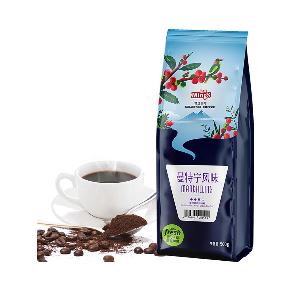 推荐商品：Ming's/铭氏 研磨咖啡粉 500g 袋装 美式巴西风味早餐 曼特宁/中深烘焙