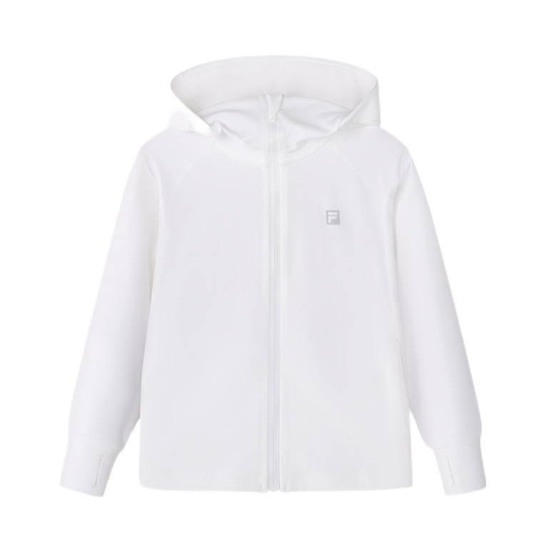推荐商品：FILA/斐乐童装  斗篷款凉感抗紫外线轻薄亲肤透气连帽防晒衣 中大童 K11B421503F 标准白