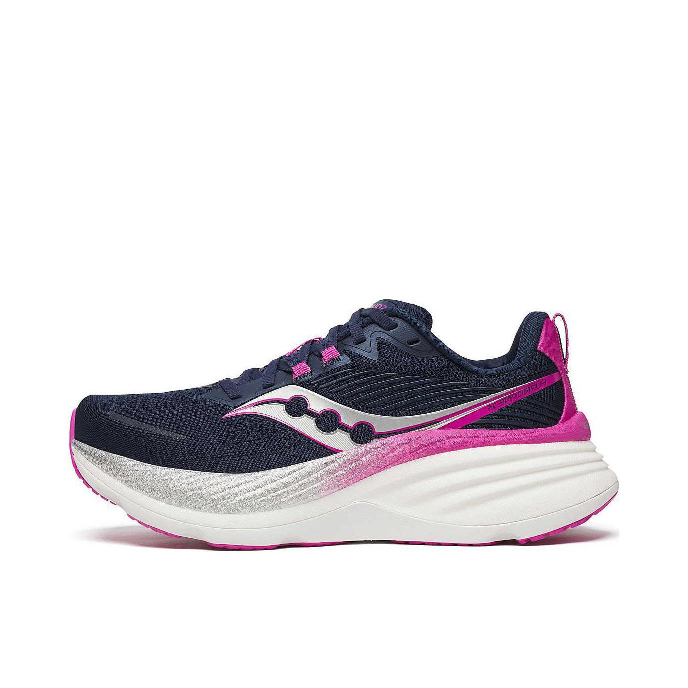推荐商品：Saucony/索康尼 Hurricane 24 飓风 舒适缓震 支撑透气 防滑耐磨 时尚百搭 简约 稳定支撑 长跑 跑鞋 海军蓝/紫色