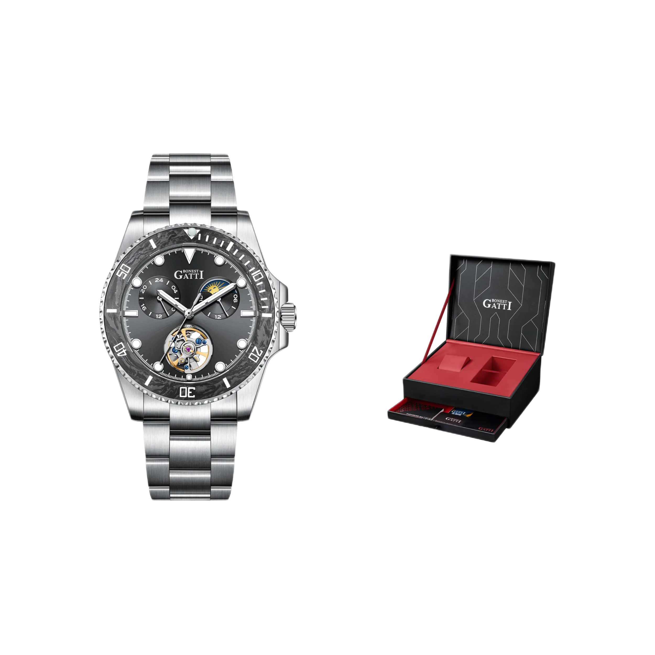 推荐商品：BONEST GATTI/布加迪 水鬼系列 碳纤维潜水多功能潜航者轻奢商务夜光防水运动24小时制月相蚝式可旋转表圈自动机械男士手表