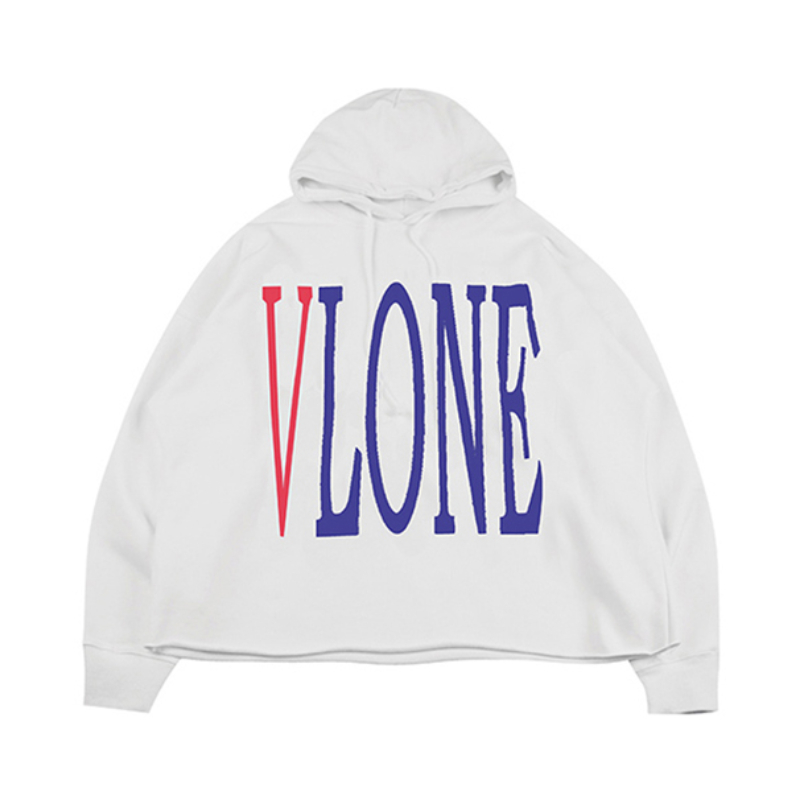 【王一博同款】VLONE Staple Hoodie 大logo系列背后印花套头骷髅重工刺绣水洗做旧连帽卫衣 白底蓝字