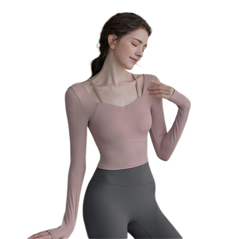 推荐商品：EPIH 纯色透气弹力带胸垫长袖瑜伽服 女装 EP213021 裸粉