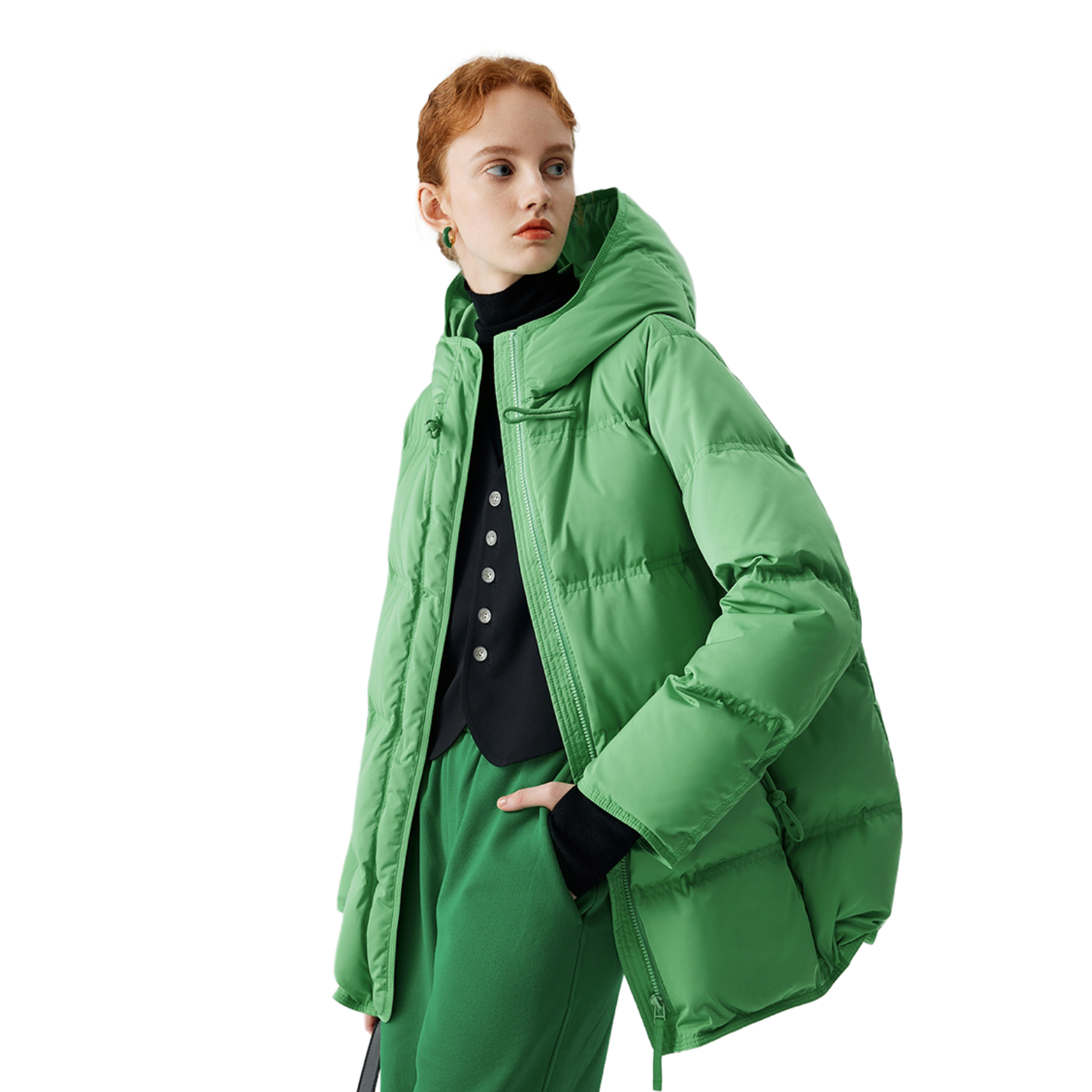 推荐商品：EIN/言  国风新中式盘扣拉链高领连帽羽绒服 女装 WF1202A41 绿