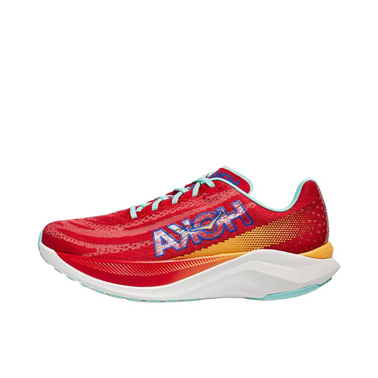 推荐商品：HOKA ONE ONE Mach X 马赫 舒适轻便 防滑耐磨 缓震回弹 马拉松 竞训 网布 跑鞋 女款/鲜红色/碧空色