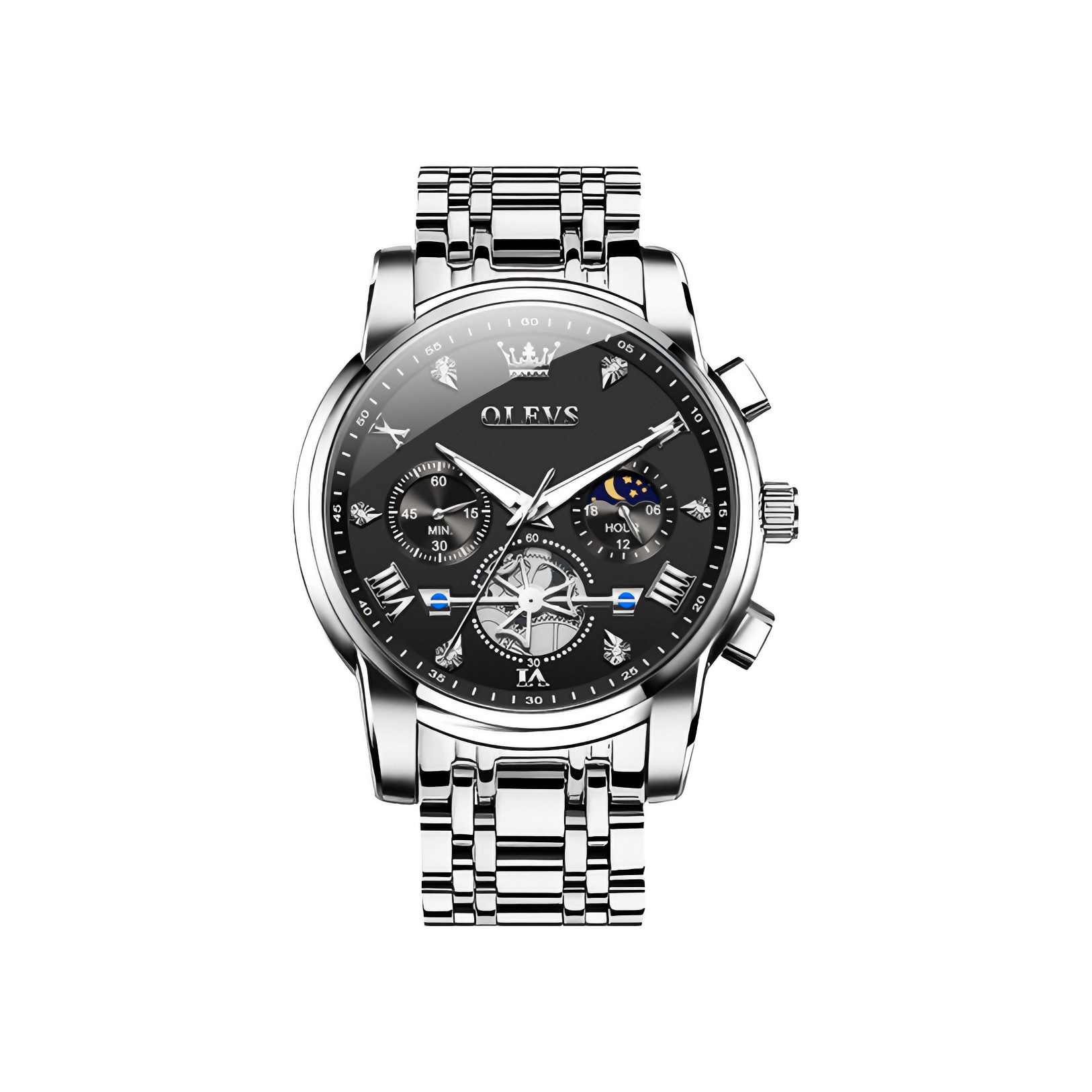 推荐商品：【情人节】OLEVS/欧利时 精钢带时尚经典大表盘镶钻陀飞轮夜光日月星辰防水石英男士手表