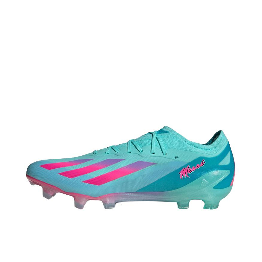 推荐商品：adidas X Crazyfast Messi.1 FG 超顶级 胶质长钉 天然草地 减震耐磨 足球鞋 青色/玫红