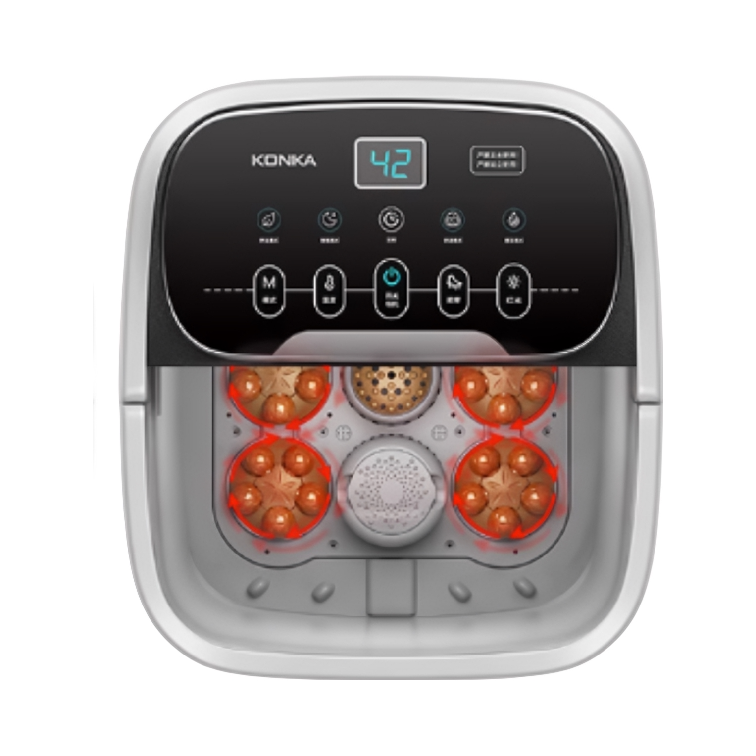 推荐商品：KONKA/康佳 足浴盆 加热 恒温 全自动 电动 高深 过小腿 洗脚 过膝 足底 水电分离 蒸熏款 仿生 红光 家用