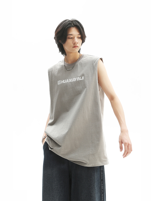 推荐商品：华夏印迹  中性概念基础LOGO复古破洞纯棉背心 男女同款 HT2303099 雁灰