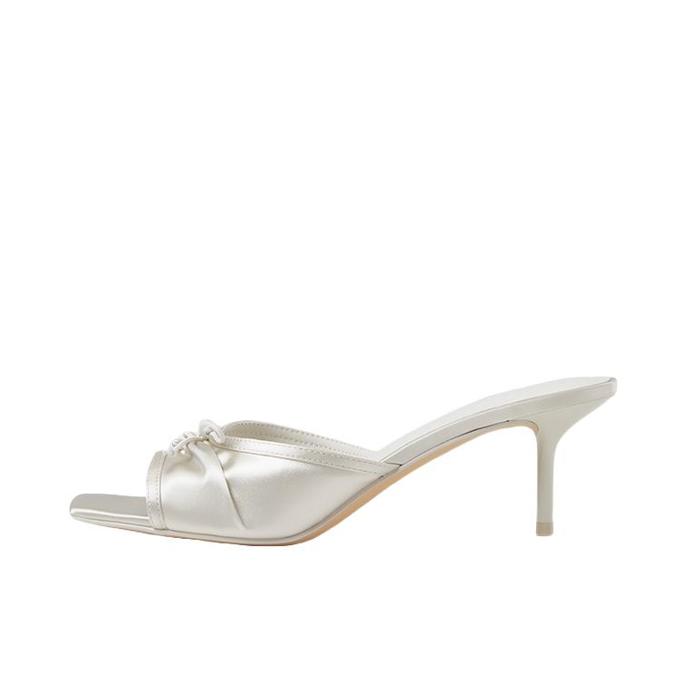 推荐商品：CHARLES&KEITH 方头 蝴蝶结 褶皱 细跟 拖鞋 CK1-60280476 女款/粉白色