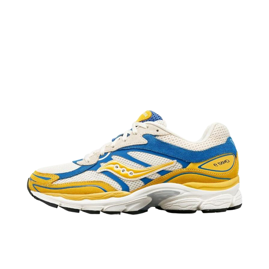 推荐商品：Saucony/索康尼 ProGrid Omni 全擎 9 防滑耐磨 舒适透气 支撑 缓震轻便 低帮 圆头 复古潮流 跑鞋 蓝色/黄色/白色