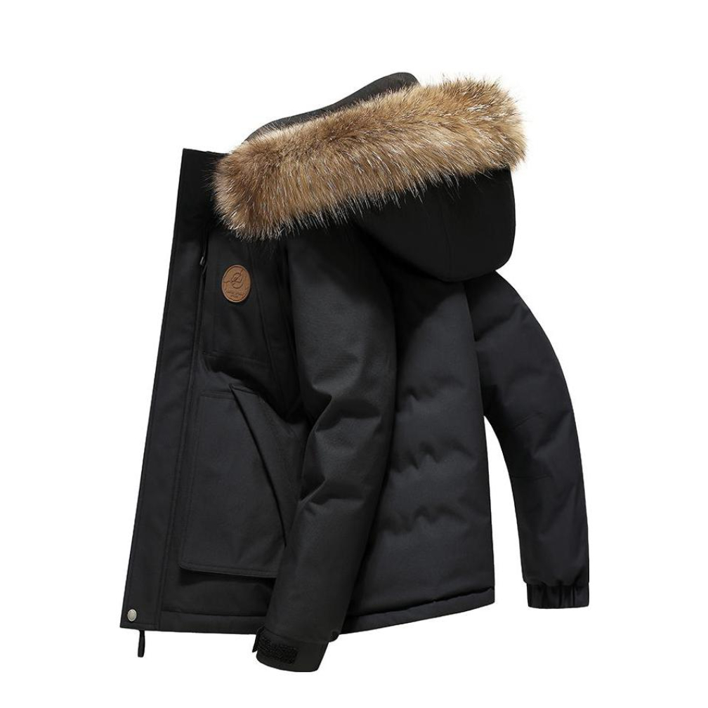 推荐商品：斯巴奴 保暖毛领连帽短款加厚白鹅绒羽绒服 男女同款 89710 黑