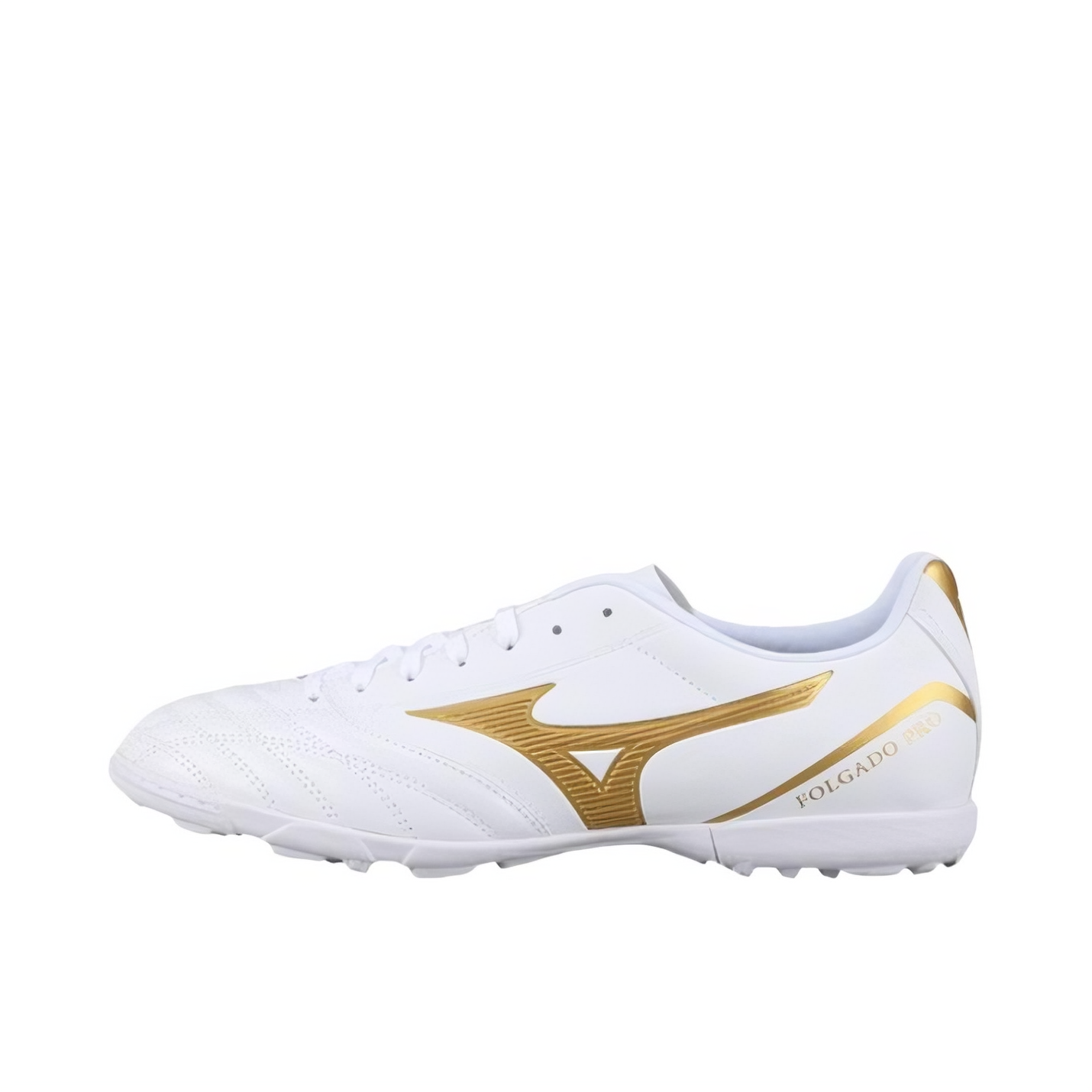 推荐商品：Mizuno/美津浓 Folgado Wide AS 碎钉 人造草坪 训练 减震耐磨 胶质 圆头 足球鞋 白色/砂金