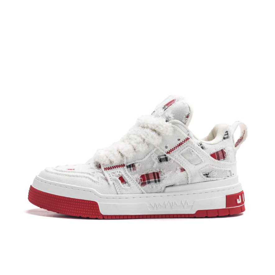 推荐商品：Jifffly Denim-Tartan 板鞋 面包鞋 牛仔格子拼接解构休闲百搭低帮 白