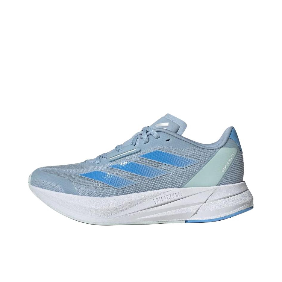 推荐商品：adidas Duramo Speed 跑鞋 减震回弹轻便防滑耐磨网面透气碳板备赛短跑稳定圆头 灰色/蓝色/白色