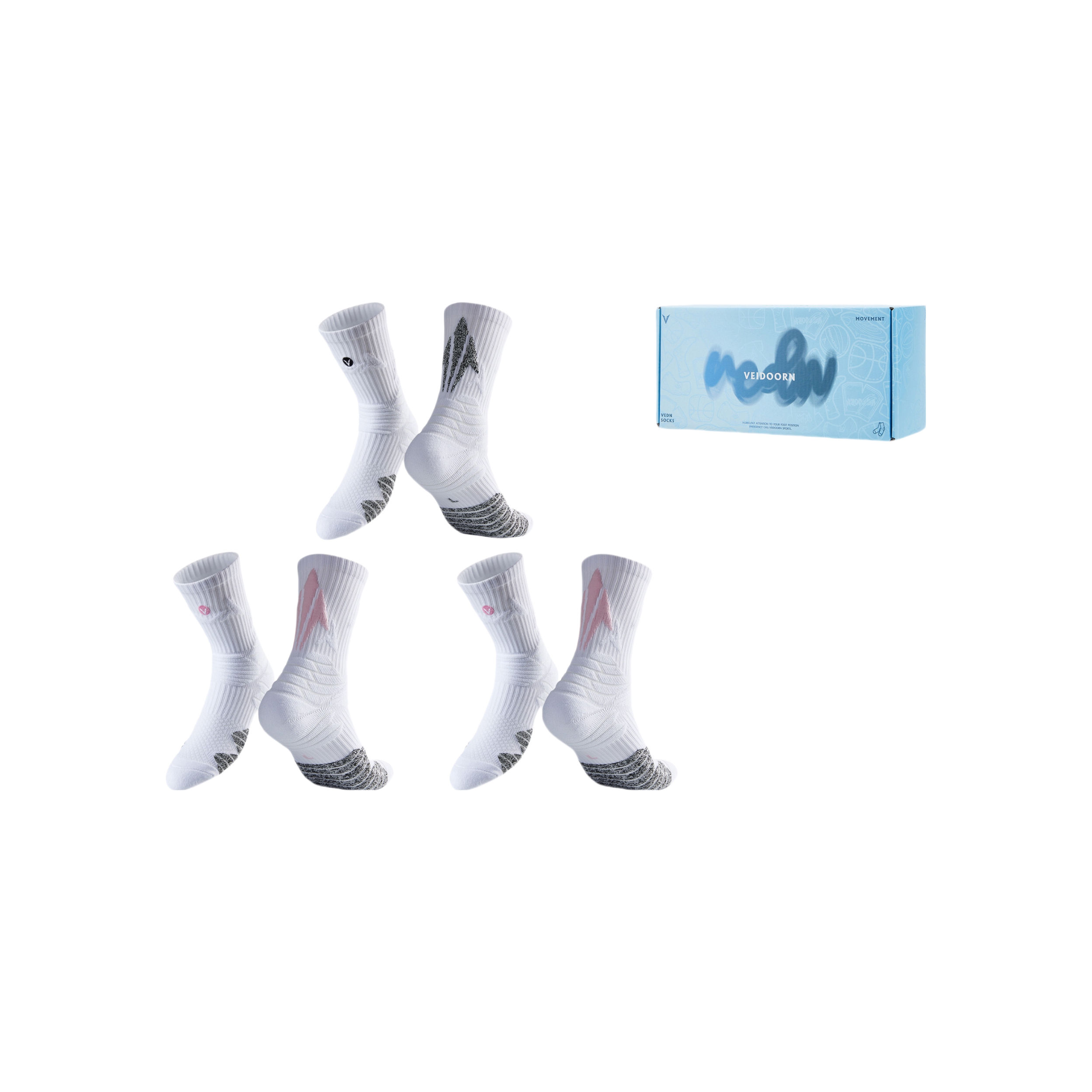 Veidoorn/维动 24SS离弦款加厚条纹毛巾底晨跑高筒袜 VDLQWLX031403 1白灰2白粉礼盒装 3双