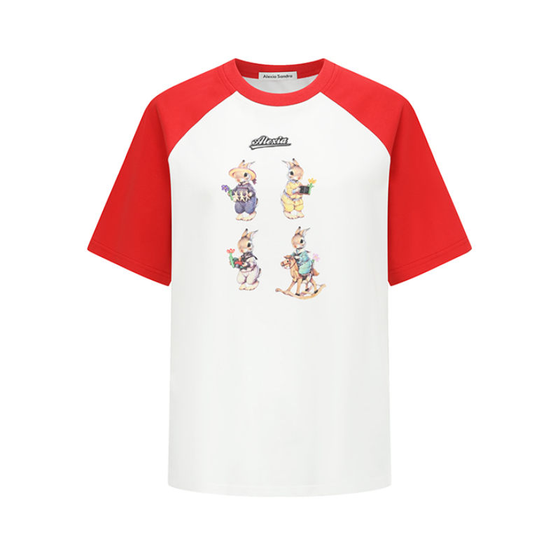推荐商品：【张淼怡同款】Alexia Sandra 纯棉透气圆领四只兔子印花短袖T恤 女装 718481 红