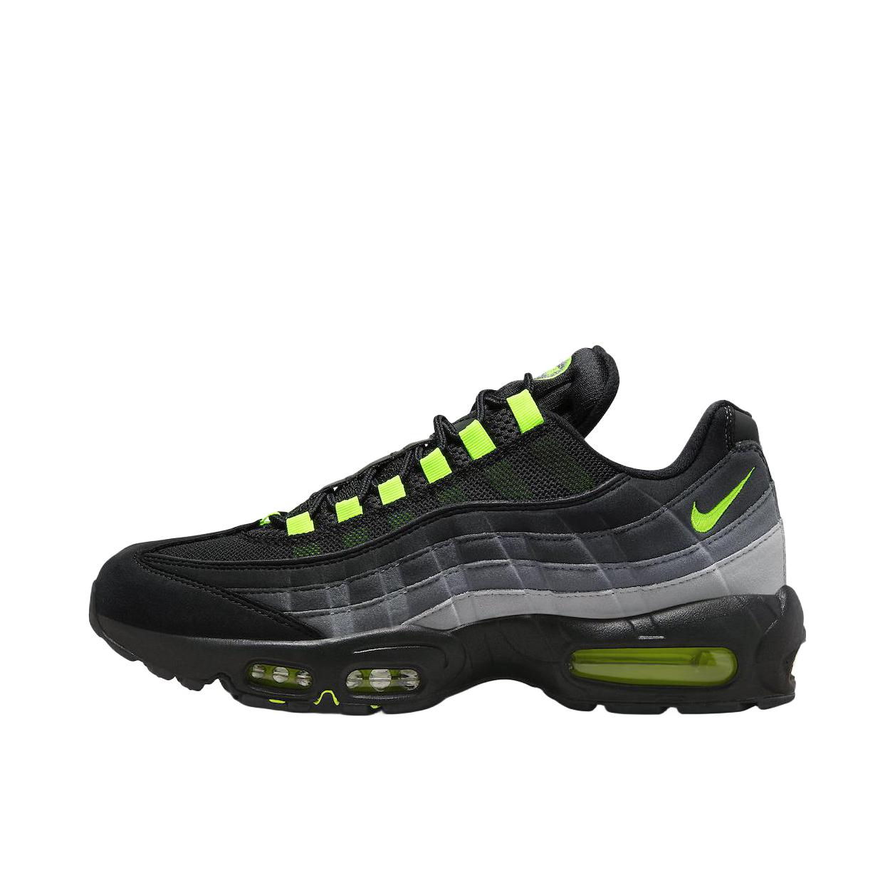 推荐商品：Nike Air Max 95 跑鞋 潮流时尚复古百搭防滑耐磨舒适透气防水气垫织物支撑低帮缓震贴合耐用圆头 黑色/亮绿色