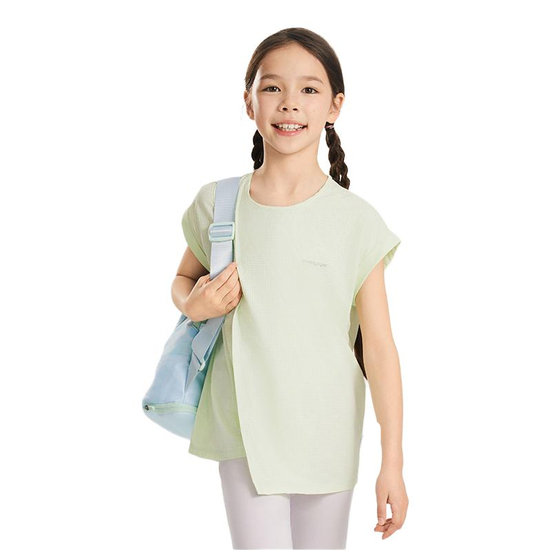 推荐商品：moodytiger/虎动虎童装 透气速干圆领短袖T恤 女中大童 42210120 春芽