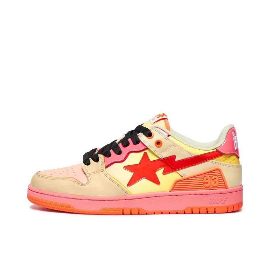 推荐商品：Bape Sta 板鞋 拼接舒适皮革防滑耐磨系带圆头时尚简约复古百搭牛皮压纹平跟徽标星星图案 橙色
