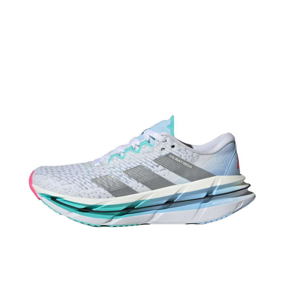 推荐商品：adidas Adistar BYD 跑鞋 防滑耐磨舒适透气减震低帮支撑长跑贴合 女款/白色/金属银/闪光蓝