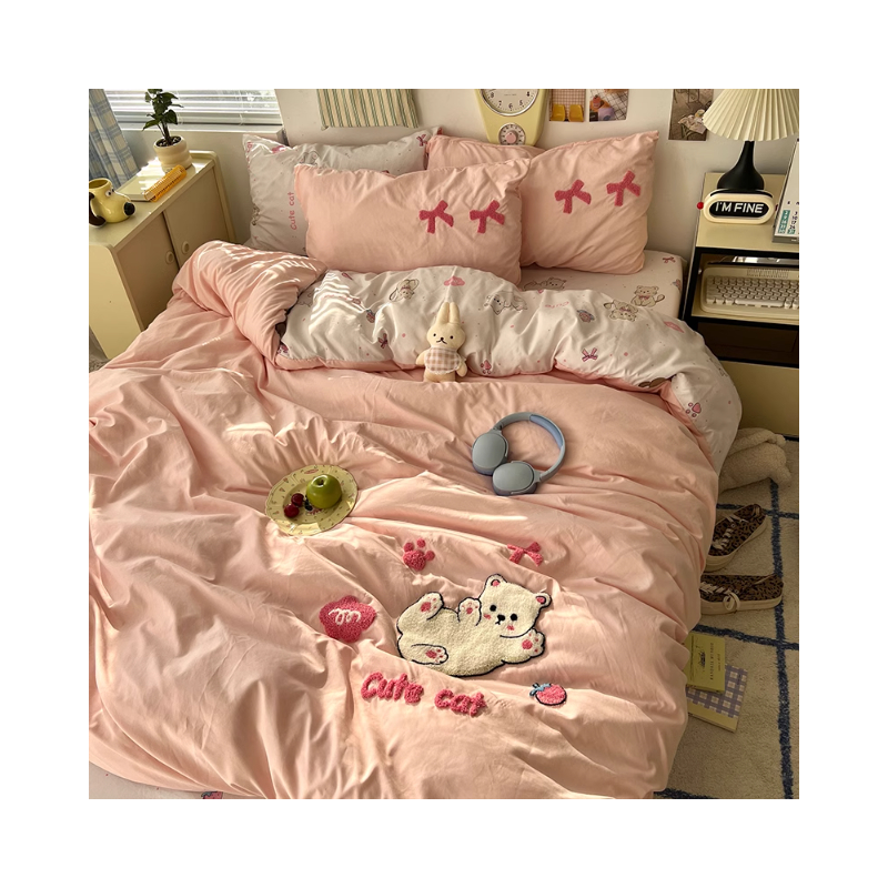 推荐商品：猫宫日向 40S 萌到心窝窝的毛巾绣系列 卡通A类纯棉四件套学生宿舍被单枕套被套