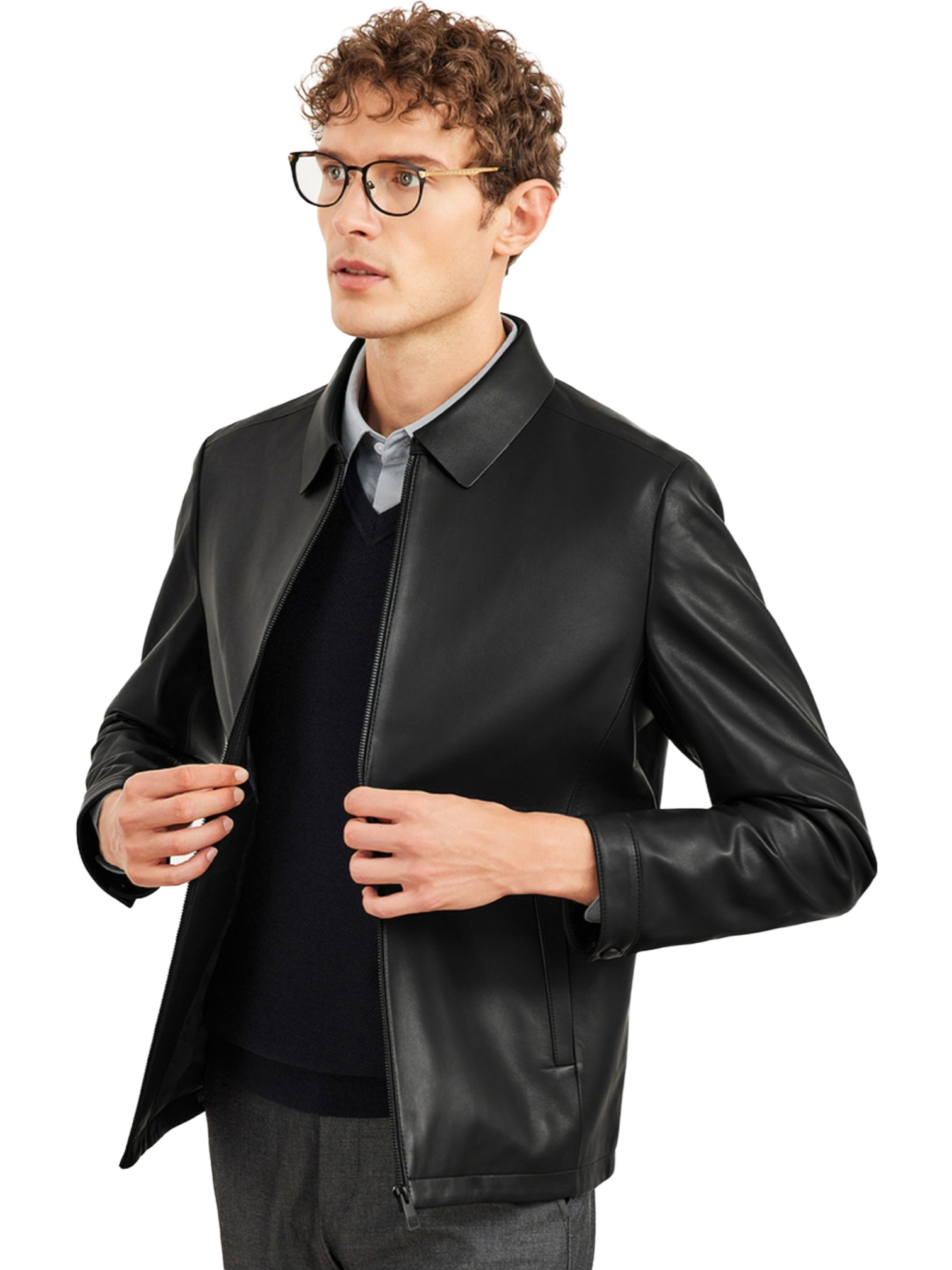 推荐商品：七匹狼  真皮纯色弹性立领羊皮革翻领皮衣 1D1D50105751 黑