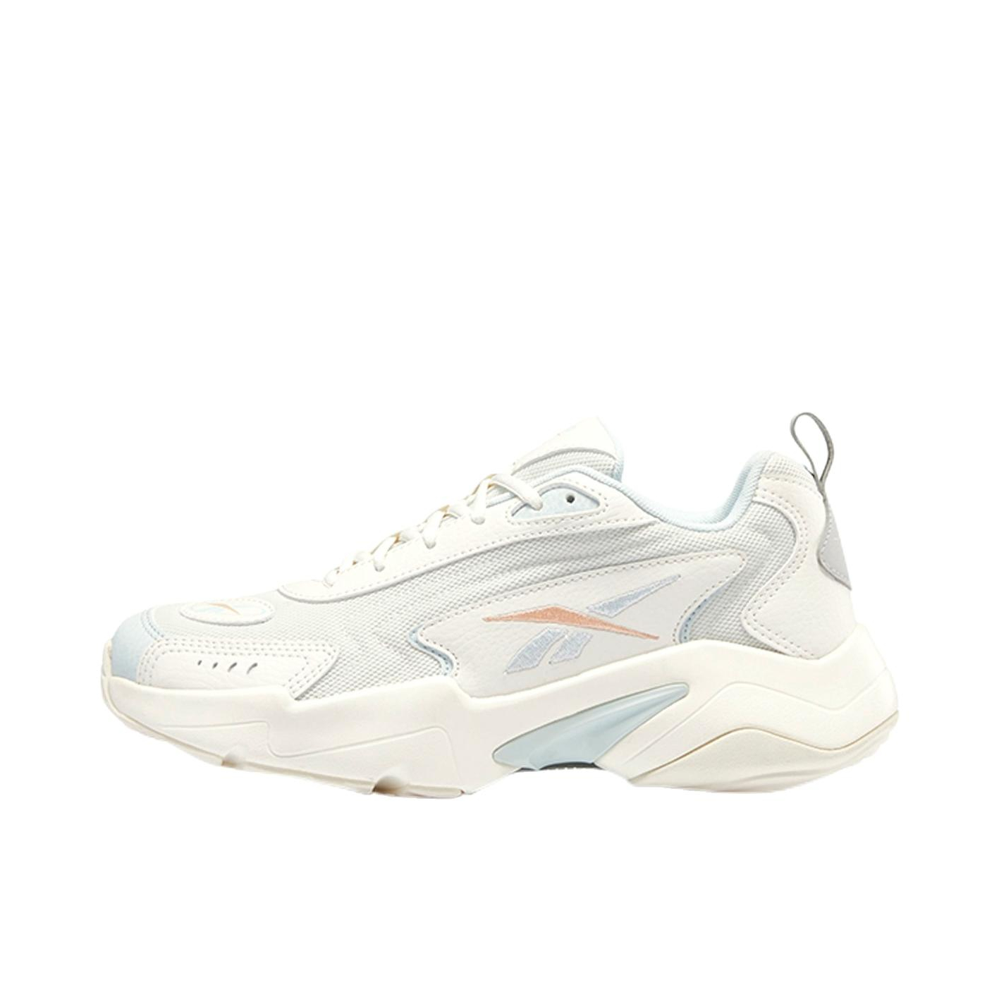 推荐商品：Reebok/锐步 Vector Runner 运动休闲鞋 合成革潮流复古防滑减震耐磨厚底 白色/粉蓝/浅灰