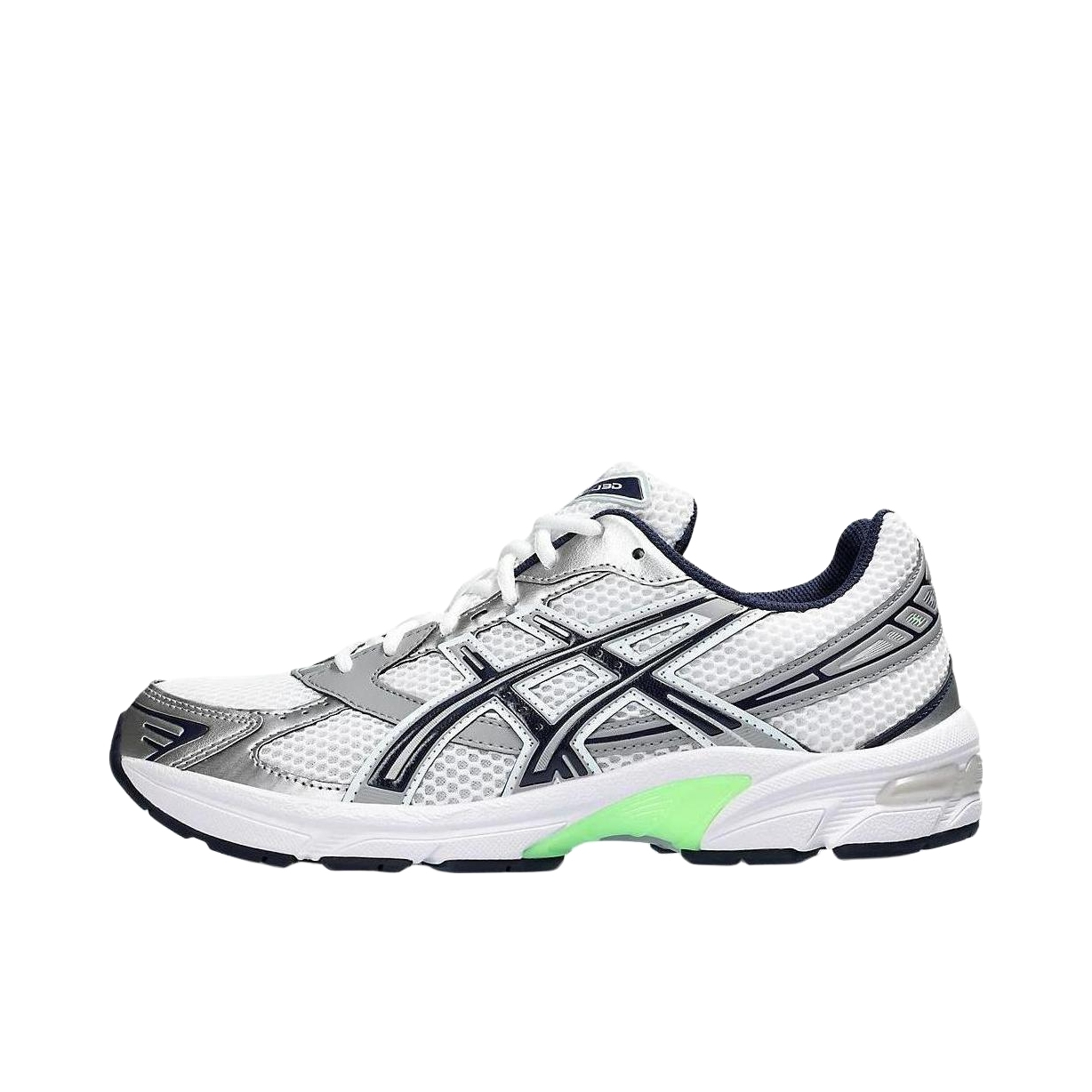 推荐商品：Asics/亚瑟士 Gel-1130 跑鞋 防滑耐磨缓震抓地织物网布透气复古马拉松短跑贴合圆头千禧风 白色/银色/绿色