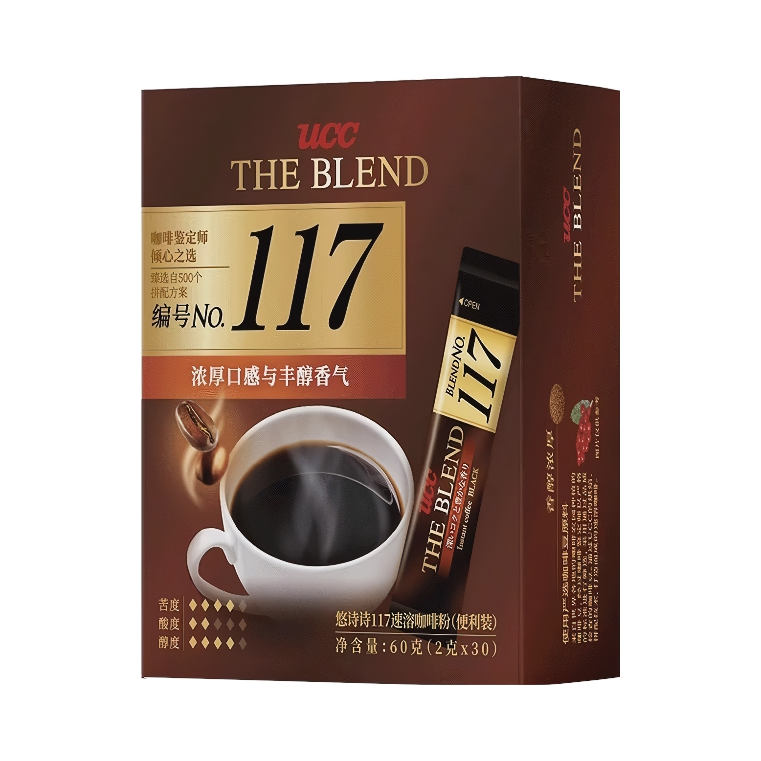 推荐商品：UCC/悠诗诗 117 速溶纯黑咖啡 盒装 深度烘焙手冲纯美式冷萃提神冻干开市客熬夜无糖便利装条装