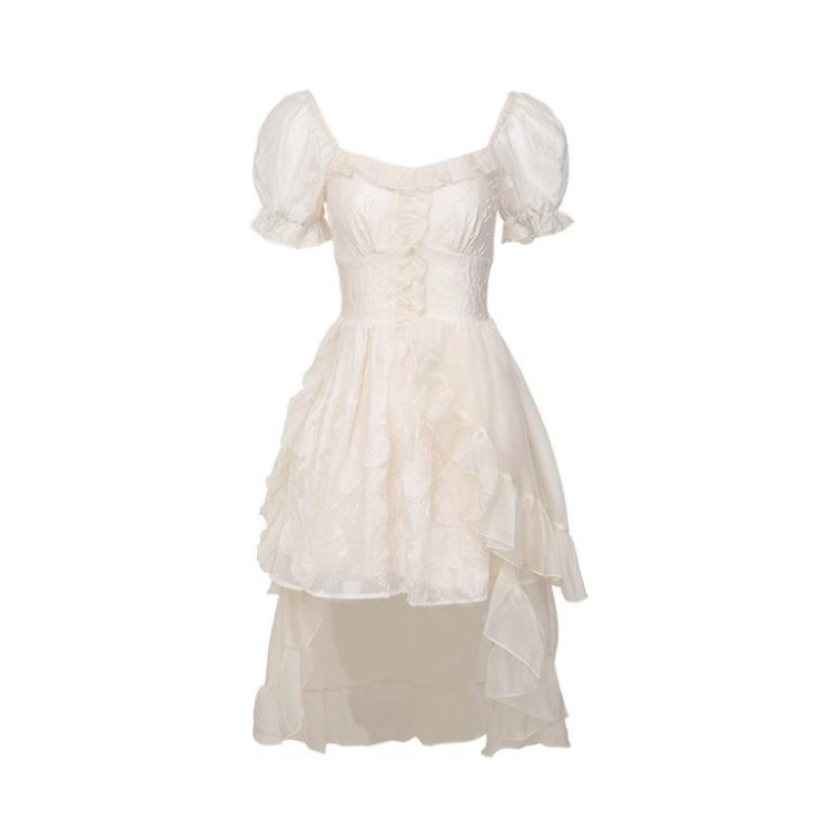 推荐商品：SUNSUNTOWN 方领泡泡袖不规则裙摆前短后长连衣裙 女装 DW2391 米白